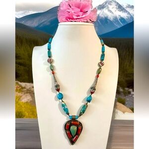Vintage Ethnic Tibetan,Navajo Style Handmade Pendant Necklace With Stone& Silver